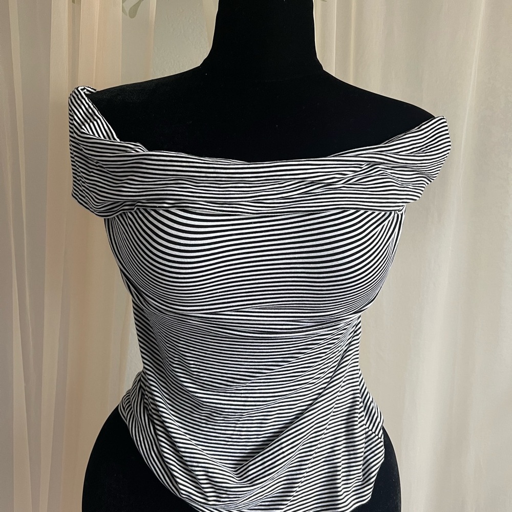 Trina Turk Black and White Striped Off-Shoulder Blouse